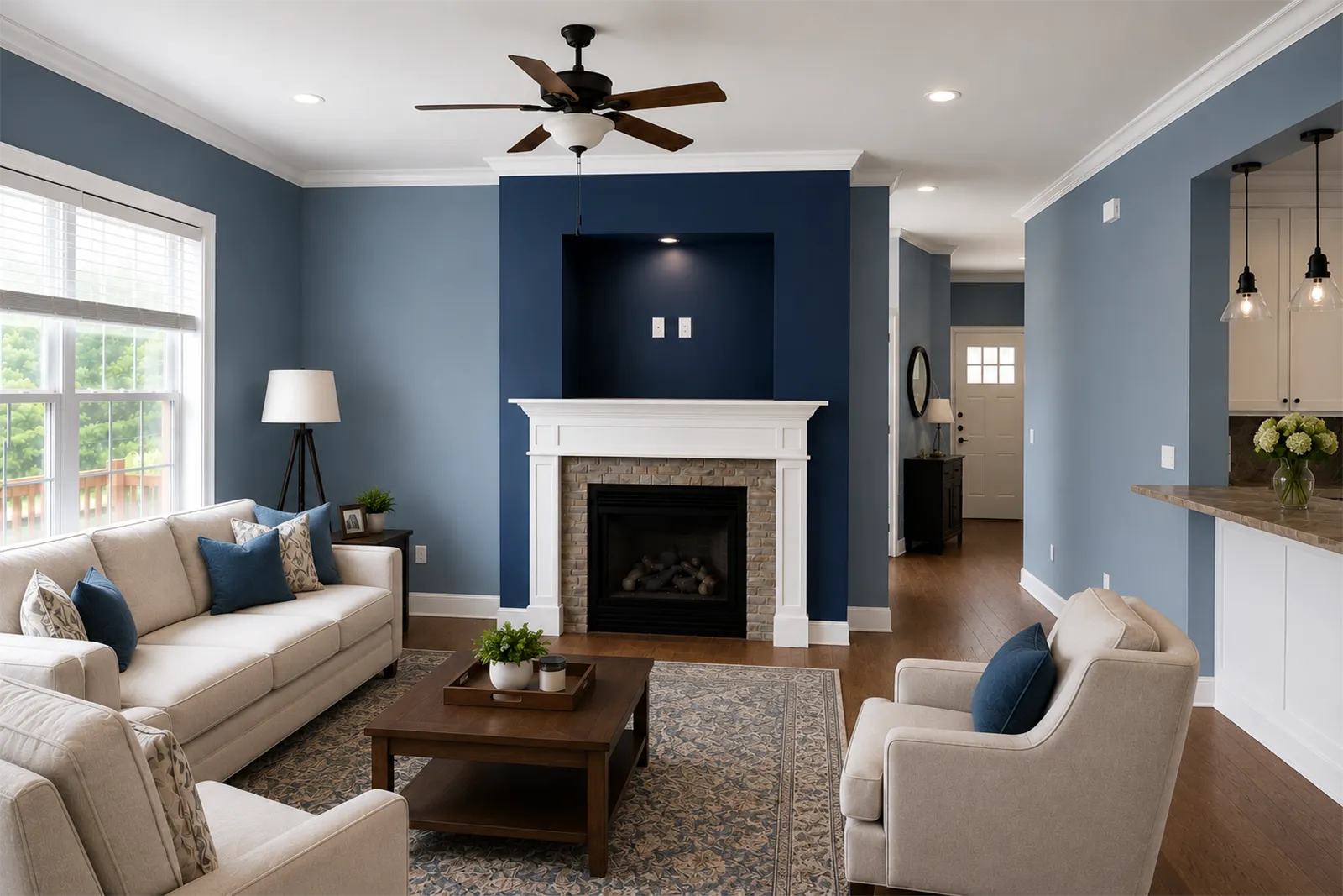Finished interior room with a deep blue accent wall
